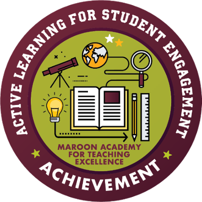 A microcredential badge indicating participation in the Maroon Academy for Teaching Excellence's Active Learning for Student Engagement program